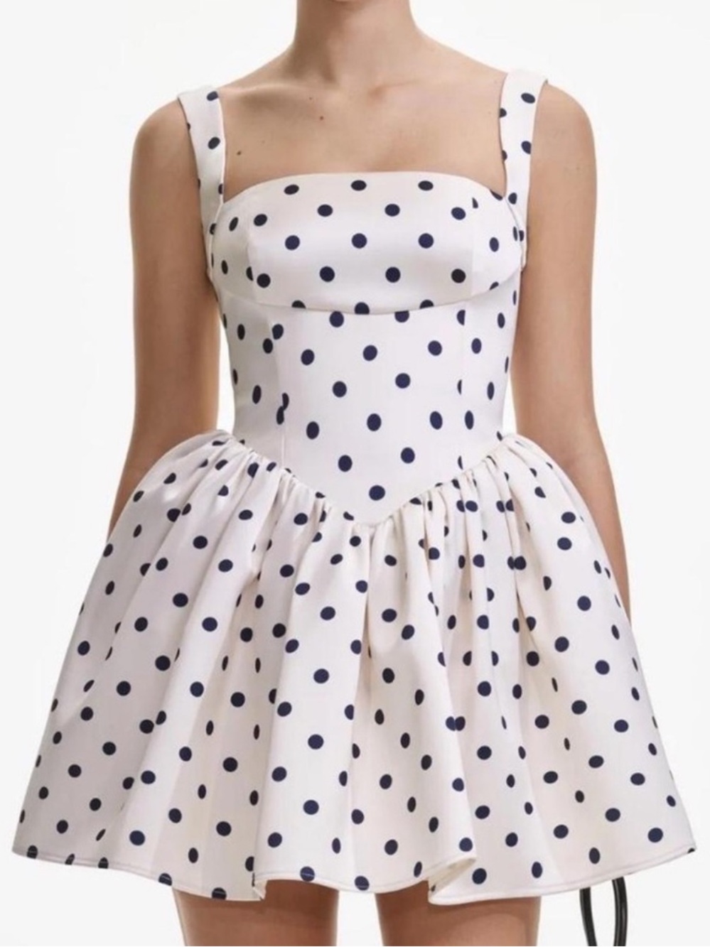 Self-Portrait Polka Dot Satin Mini Dress Ivory Navy Basque Waist Bubble Skirt